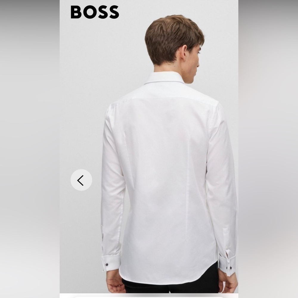 Men’s Hugo Boss Crispy White Dress Shirt Size 38 15 Slim Fit Organic Cotton Nwot - Picture 2 of 5